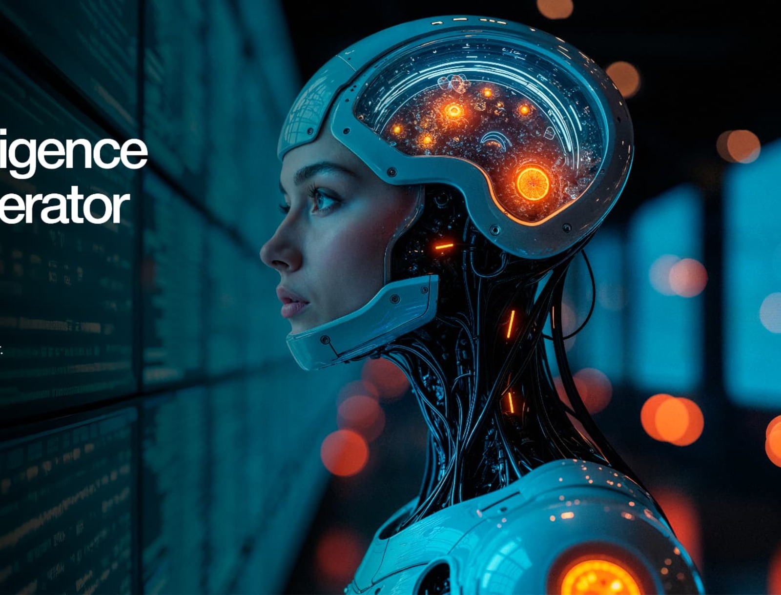 AI system visualised as an illuminated humanoid interface reading live data walls