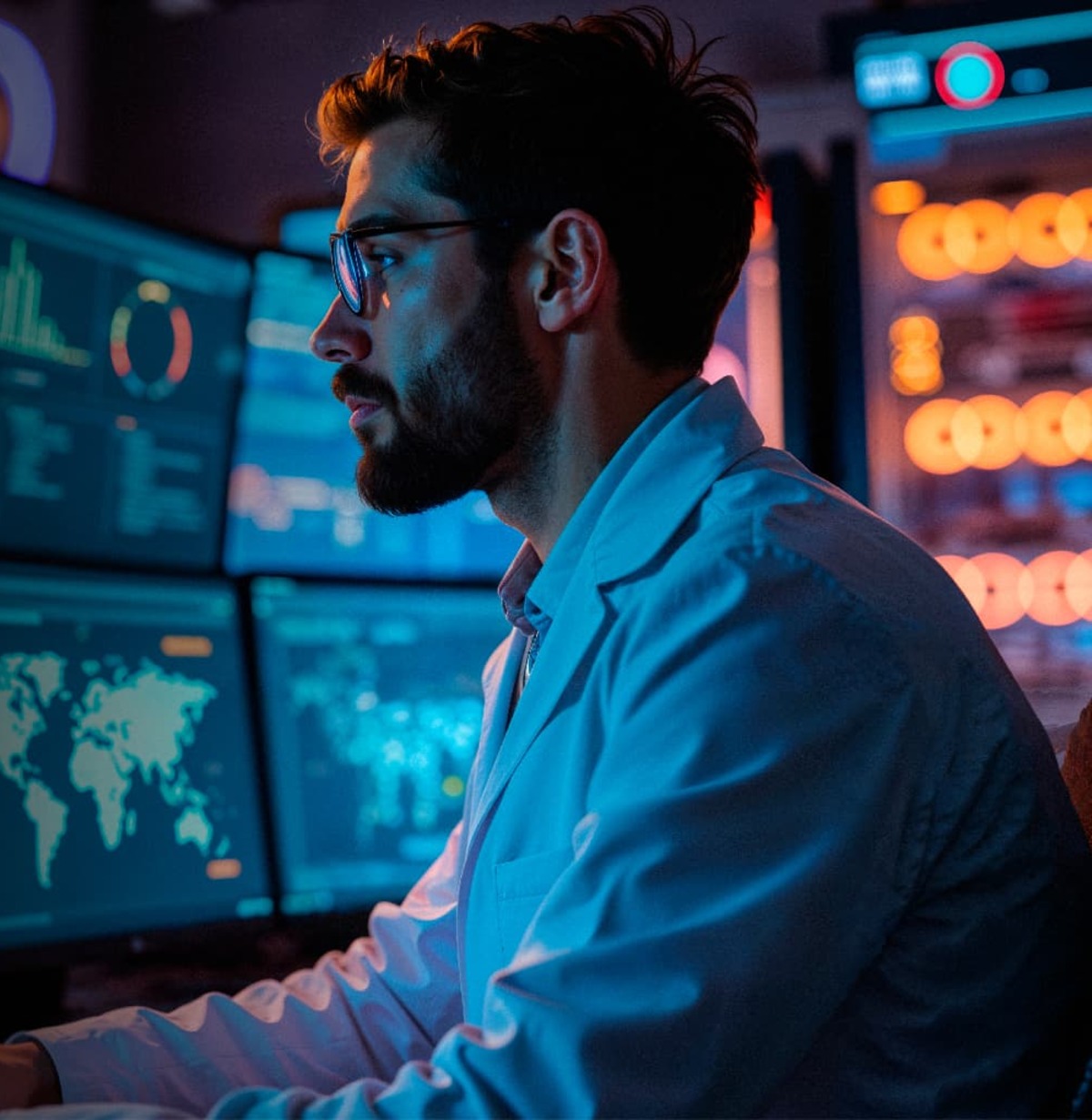 Analyst investigating decision dashboards across multiple screens