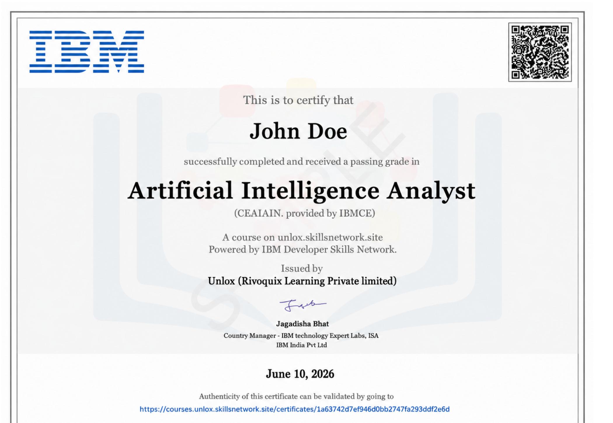 Sample Course completion issued to a UNLOX learner, co-branded with IBM